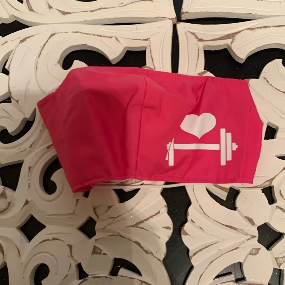 Cute Pink and White Handmade Face Mask with heart and barbell decal NWOT